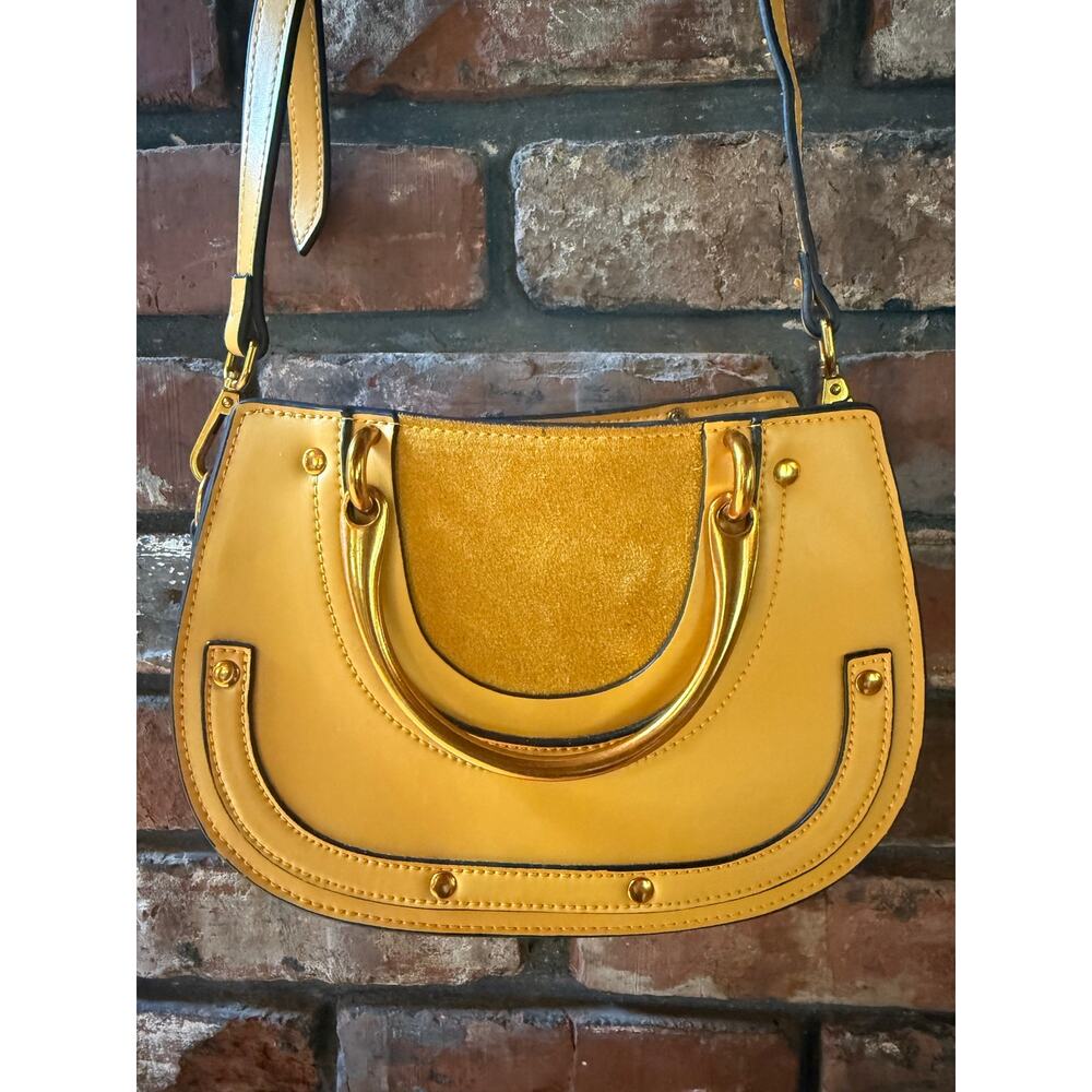 Yellow Faux Leather Suede Half Moon Crossbody Bag Gold Bracelet Handles